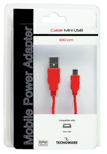 Tecnoware 1m USB A - MiniUSB B USB-kaapeli USB 2.0 Mini-USB B 0,48 Gbit/s Punainen