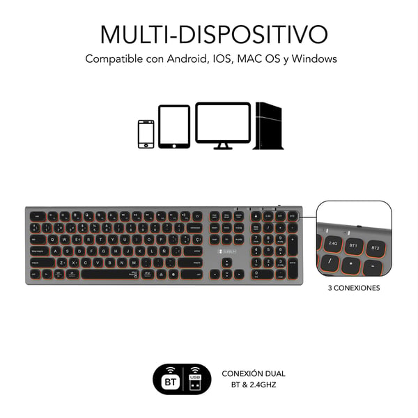 SUBBLIM SUBKB-3MIE310 tangentbord Universal Trådlös RF + Bluetooth QWERTY Spansk Svart, Grå