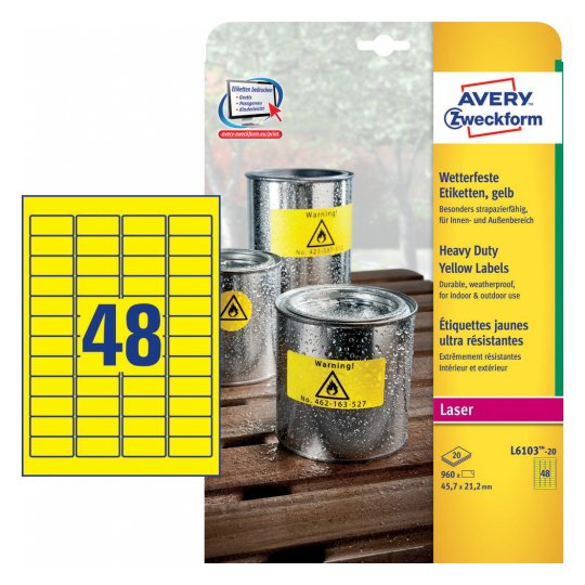 Miniatyrbild 1 av 8: Avery L6103-20 självhäftande etiketter Rektangel Permanent Gul 960 styck