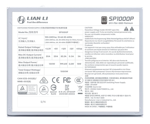 Lian Li SP Series Platinum 80 PLUS -virtalähde SFX täysin modulaarinen PCIe 5.1 ATX 3.1 (G9P.SP1000P.W000.EU)