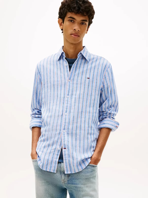 Tommy Hilfiger Regular Fit Stripe Linen Blend Shirt Skjorta Halvspread krage Bomull, Linne