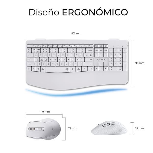 SUBBLIM SUBKBC-DCOPW1 tastatur Mus inkluderet Hjemme/kontor RF trådløs + Bluetooth QWERTY Spansk Hvid