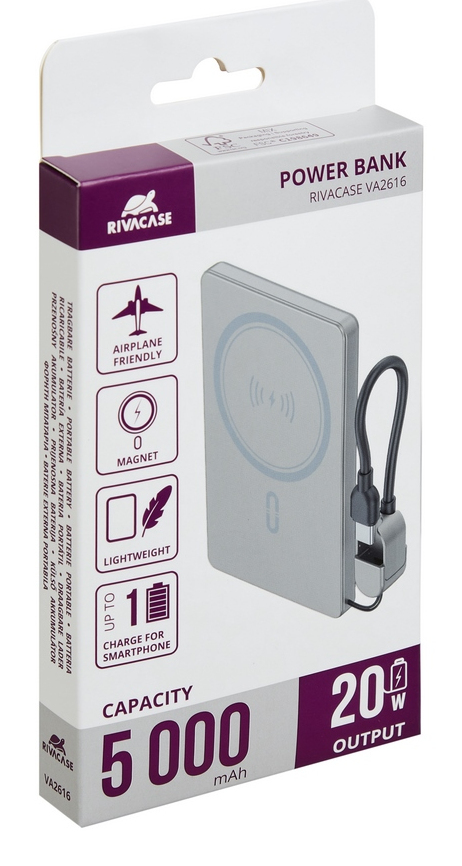 Miniatyrbillede 11 af 17: Rivacase VA2616 powerbank Lithium polymer (LiPo) 5000 mAh Trådløs opladning Sølv