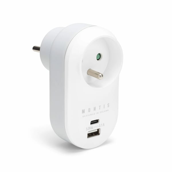 Montis Rozgałęźnik sieciowy pojedynczy z gniazdami USB A+C strømadapter og vekselret 15,5 W Grå, Hvid