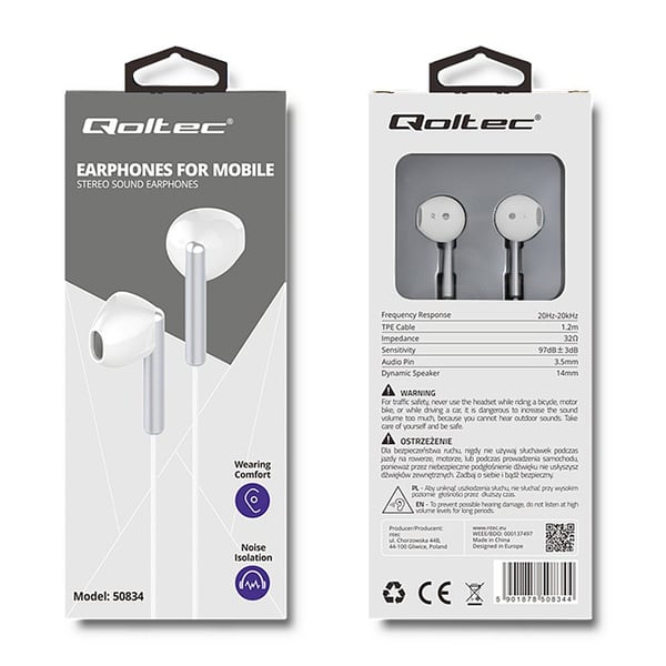 Miniatyrbild 2 av 2: Qoltec 50834 hörlur och headset Kabel I öra Vit