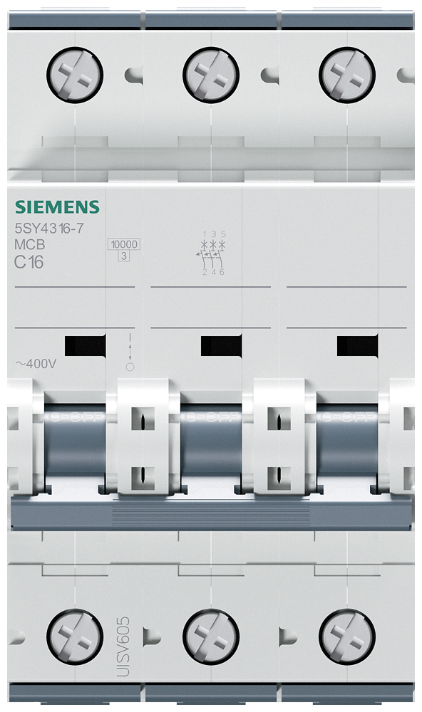 SIEMENS EP Miniatureafbryder, 400 V, Icn: 10 kA, 3P, Icu: 20 kA, C-karakteristik, In: 16 A