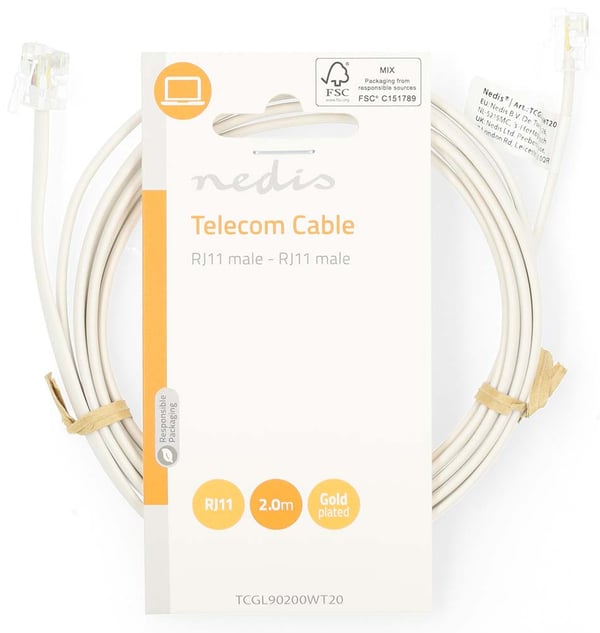 Miniatyrbillede 2 af 3: Nedis TCGL90200WT20 telefonkabel 2 m Hvid
