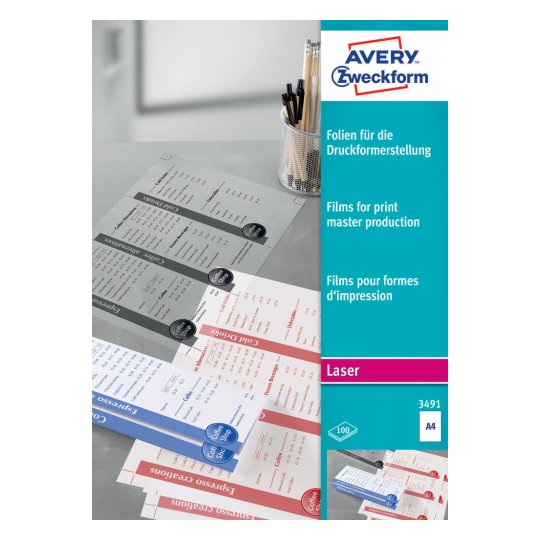 Avery 3491 printfilm Laser A4 (210×297 mm) Polyester Transparent 100 ark Avery 3491 printfilm Laser A4 (210×297 mm) Polyester Transparent 100 ark