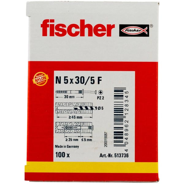 Fischer 513736 skrueanker og vægudtag 100 stk Skrue og vægstiksæt 30 mm