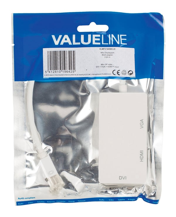 Valueline VLMP37465W0.20 videokabel adapter 0,2 m Mini DisplayPort VGA + HDMI + DVI Hvid