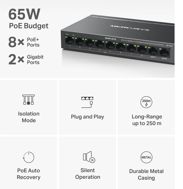 Mercusys MS110CP netværksswitch Fast Ethernet (10/100) Strøm over Ethernet (PoE) Sort