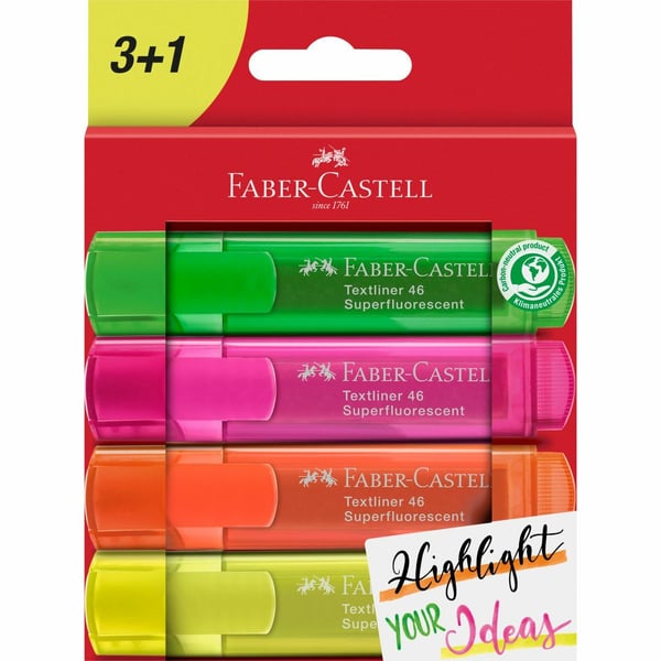 Faber-Castell 254604 märkpennor 4 styck Mejselspets Grön, Orange, Rosa, Gul