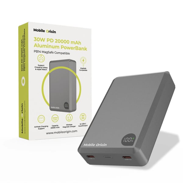 Mobile Origin MO-30WPD-PB14 akku- ja paristolaturi Litium polymeeri (LiPo) 20000 mAh Langaton lataaminen Harmaa