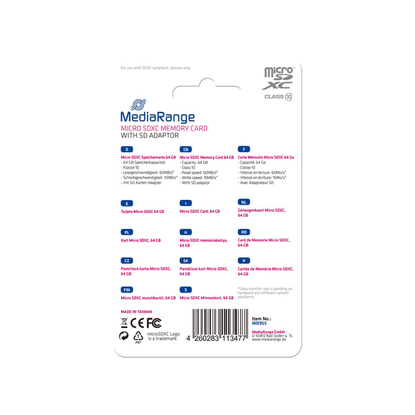 Miniatyrbillede 3 af 4: MediaRange MR955 hukommelseskort 64 GB MicroSDXC Klasse 10