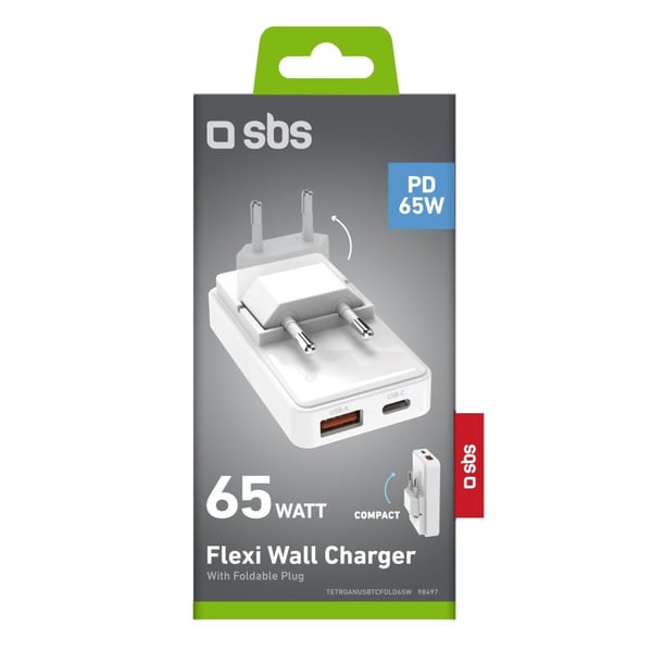 SBS TETRGANUSBTCFOLD65W oplader til mobil enhed Universel Hvid Vekselstrøm Hurtig opladning Indendørs, Udendørs