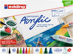 Edding Acrylic Sort, Blå, Grøn, Lyse Blå, Lysegrøn, Lyserød, Lilla, Rød, Hvid, Gul 12 stk