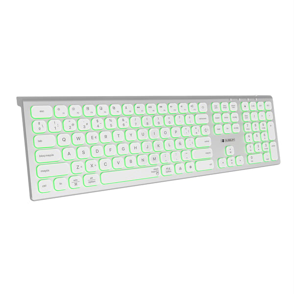 SUBBLIM SUBKB-3MIE300 tastatur Universel RF trådløs + Bluetooth QWERTY Spansk Sølv, Hvid