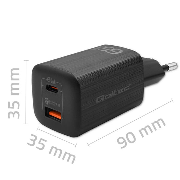 Qoltec 50766 mobiililaitteen laturi Kannettava tietokone, Kannettava pelikonsoli, Voimapankki, Älypuhelin, Älykello, Tabletti Musta AC Pikalataus Sisätila