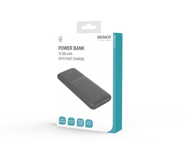 Deltaco Power bank 10 000 mAh, 2x USB-A 18 W, 1x USB-C PD 20 W