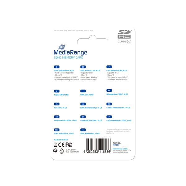 MediaRange MR963 hukommelseskort 16 GB SDHC Klasse 10