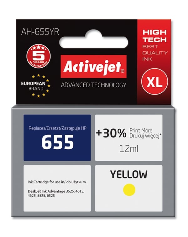 Miniatyrbillede 1 af 2: Activejet AH-655YR blæk (erstatning HP 655 CZ112AE; Premium; 12 ml; gul)