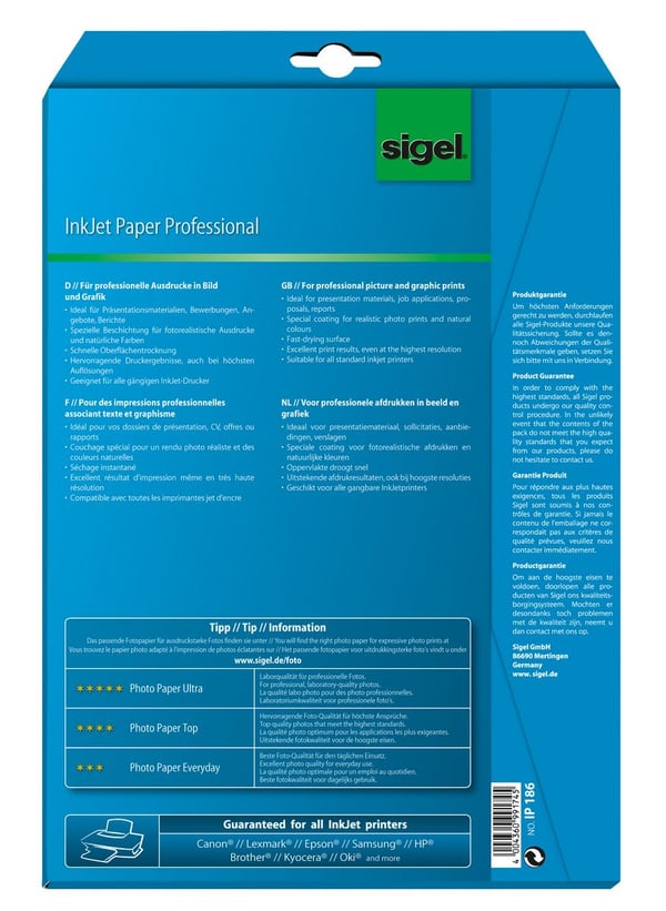 Pikkukuva 3 / 3: Sigel IP186 tulostuspaperi A4 (210x297 mm) Matta 25 arkkia Valkoinen