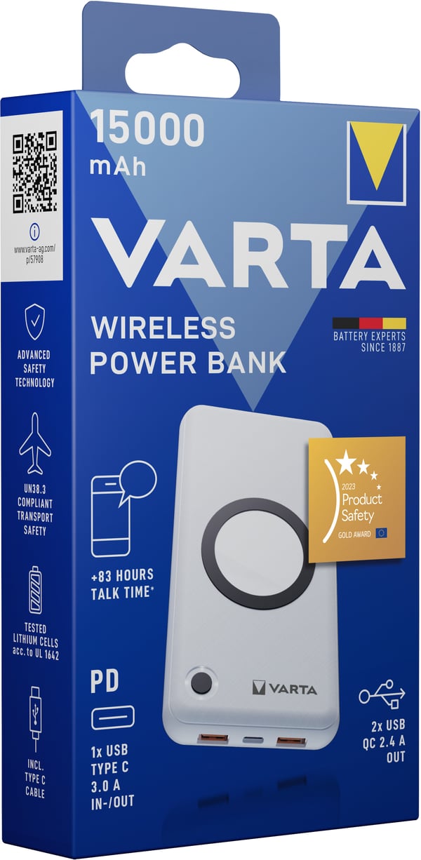 Miniatyrbillede 3 af 6: Varta 57908 101 111 powerbank Lithium polymer (LiPo) 15000 mAh Trådløs opladning Hvid