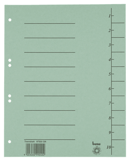 Bene 97300GN faneskiller Numerisk faneindeks Karton Grøn