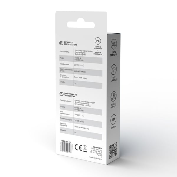 Savio USB - Lightning cable with display CL-173 1 m black Musta