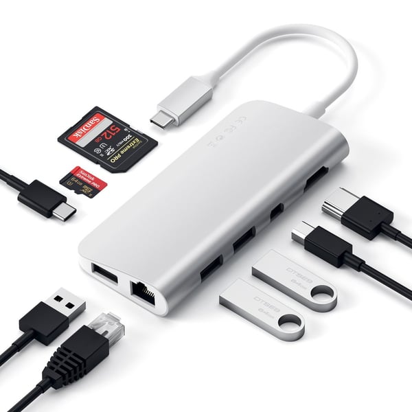 Satechi ST-TCMM8PAS kannettavien tietokoneiden telakka ja porttitoistin Langallinen USB 3.2 Gen 1 (3.1 Gen 1) Type-C Hopea