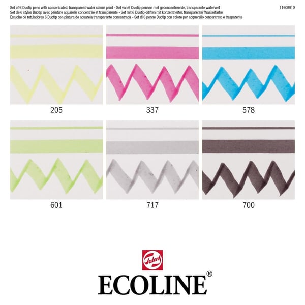 Ecoline Duotip tussi 6 kpl Taltta/Terävä pää Musta, Syaani, Harmaa, Vaaleanvihreä, Magenta, Keltainen