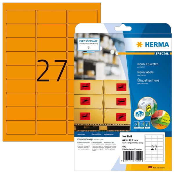 HERMA 5141 självhäftande etiketter Rundad rektangel Permanent Orange 540 styck
