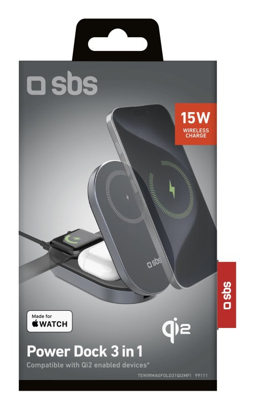 SBS TEWIRMAGFOLD31QI2MFI oplader til mobil enhed Hovedtelefoner, Smartphone, SmartWatch Grå USB Trådløs opladning Hurtig opladning Indendørs, Udendørs