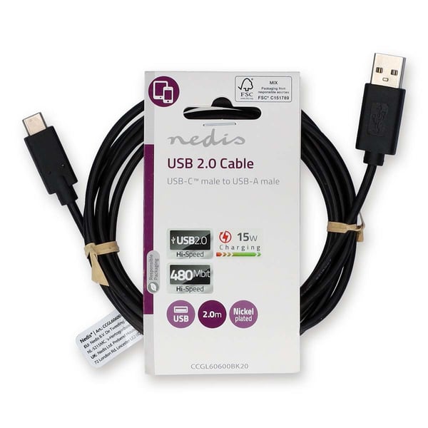 Nedis CCGL60600BK20 USB-kablar USB 2.0 2 m USB A USB C 0,48 Gbit/s Svart