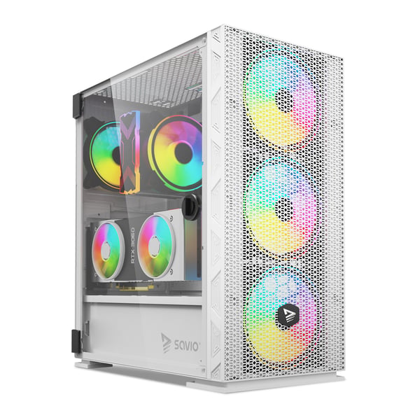 Miniatyrbillede 1 af 8: Savio Raptor White X1 ARGB Glass/Mesh White Computer Case Midi Tower Hvid
