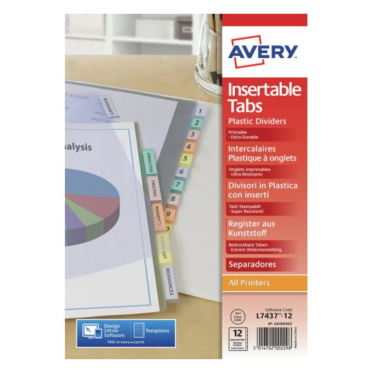 Avery 60400402 opdeler Polypropylen (PP) Flerfarvet 12 stk