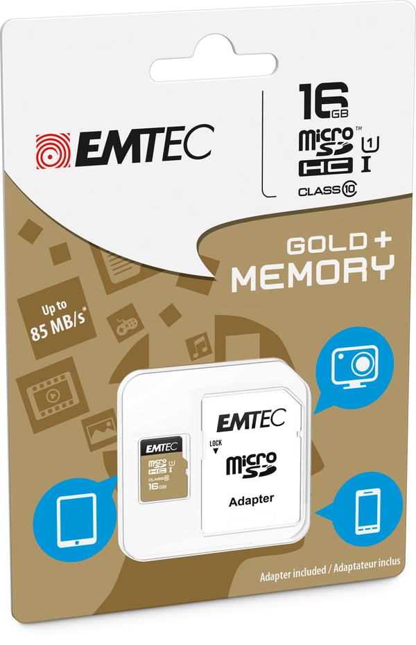 Miniatyrbild 3 av 3: Emtec microSD Class10 Gold+ 16GB MicroSDHC Klass 10