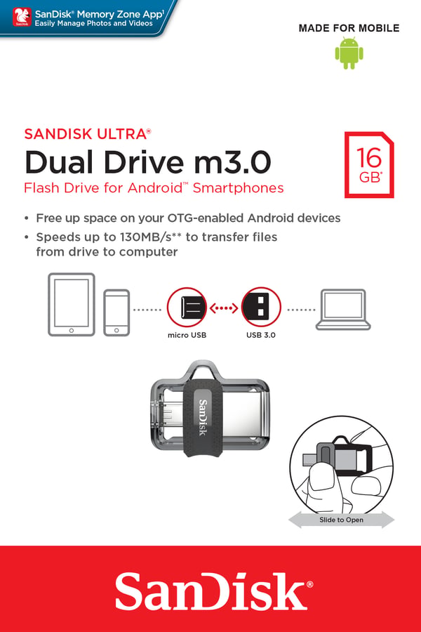SanDisk Ultra Dual m3.0 USB-muisti 16 GB USB Type-A / Micro-USB 3.2 Gen 1 (3.1 Gen 1) Musta, Hopea, Läpinäkyvä