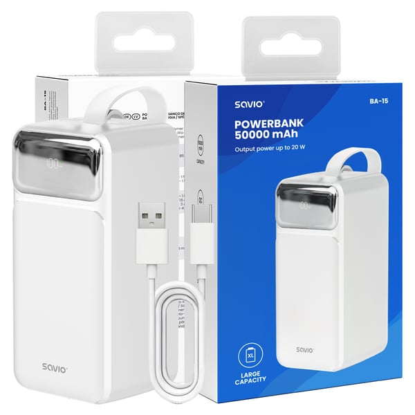 Miniatyrbillede 5 af 11: Savio BA-15 powerbank Lithium polymer (LiPo) 50000 mAh Hvid