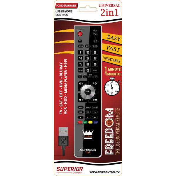 Superior FREEDOM 2v1 fjernbetjening RF trådløst DTT, DVD/Blu-ray, Mediecenter, Media player, SAT, TV, VCR Tryk på knapper