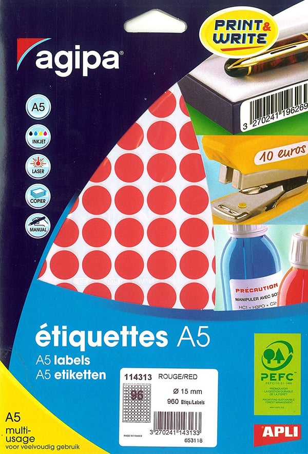 Agipa 114313 självhäftande etiketter Circel Röd 960 styck