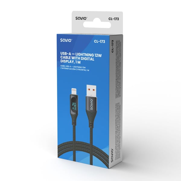Savio USB - Lightning cable with display CL-173 1 m black Musta
