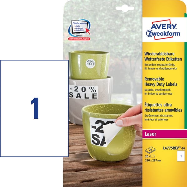 Miniatyrbillede 4 af 4: Avery L4775REV-20 selvklæbende etiket Rektandel Permanent Hvid 20 stk