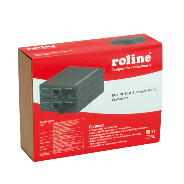 ROLINE RC-100FX/ST Fast Ethernet Converter, RJ-45 to ST, Loop-back netværksomformer til medie ROLINE RC-100FX/ST Fast Ethernet Converter, RJ-45 to ST, Loop-back netværksomformer til medie