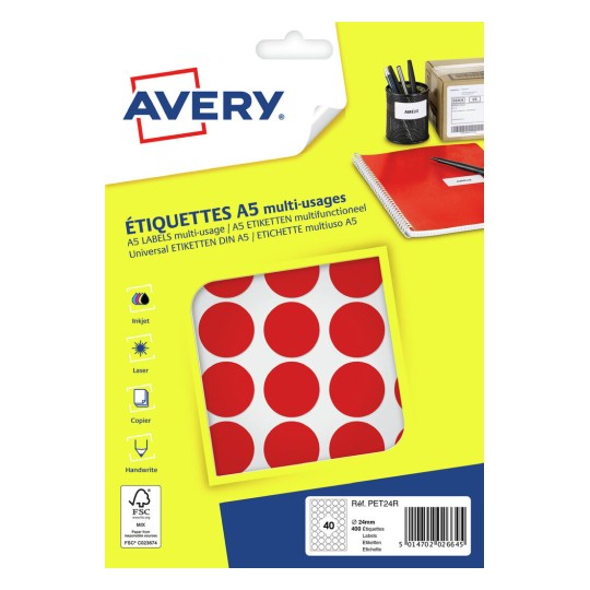 Miniatyrbillede 1 af 3: Avery PET24R selvklæbende etiket Rund Permanent Rød 400 stk