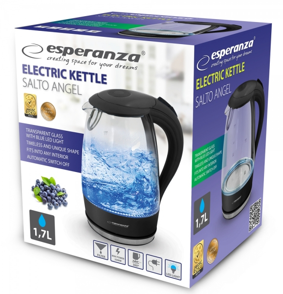 Esperanza EKK011K elkedel 1,7 L 2200 W Sort, Grå, Transparent