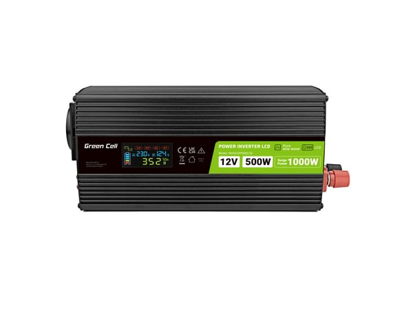 Green Cell Przetwornica napicia PowerInverter LCD 12 V 500W/1000W Przetwornica samochodowa z wywietlaczem - czysty sinus virta-adapteri ja vaihtosuuntaaja Auto Musta