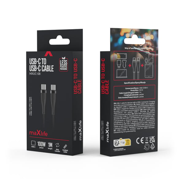Miniatyrbillede 3 af 5: MaXlife MXUC-08 USB-kabel USB 3.2 Gen 2 (3.1 Gen 2) 1 m USB C 100 W Sort