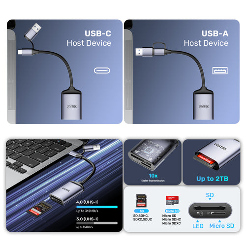 UNITEK R1018E01 kortinlukija USB 3.2 Gen 1 (3.1 Gen 1) Type-C Tummanharmaa