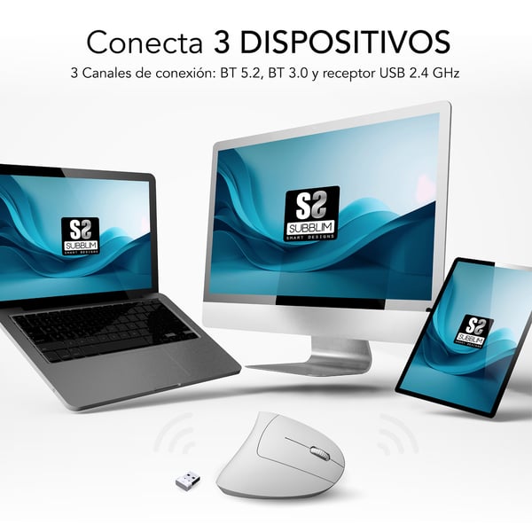 Miniatyrbillede 2 af 8: SUBBLIM RATON OPTICO DUAL GLIDE VERTICAL ERGO DUAL BATERIA BLANCO mus Universel Højre hånd Bluetooth + USB Type-A Optisk 1600 dpi
